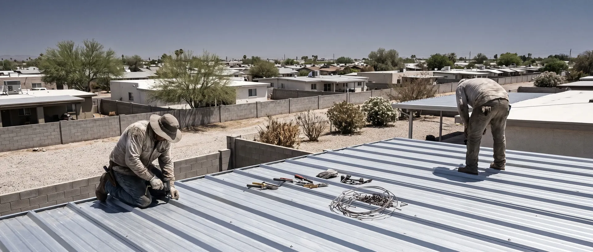 Roofer walking a low slope metal roof run in metro Phoenix
