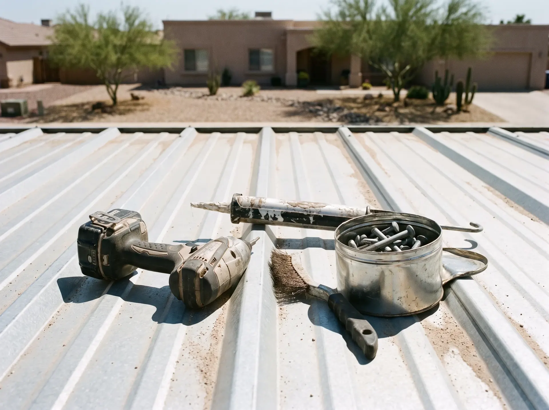Roofing tools and replacement fasteners laid out on a metal roof panel