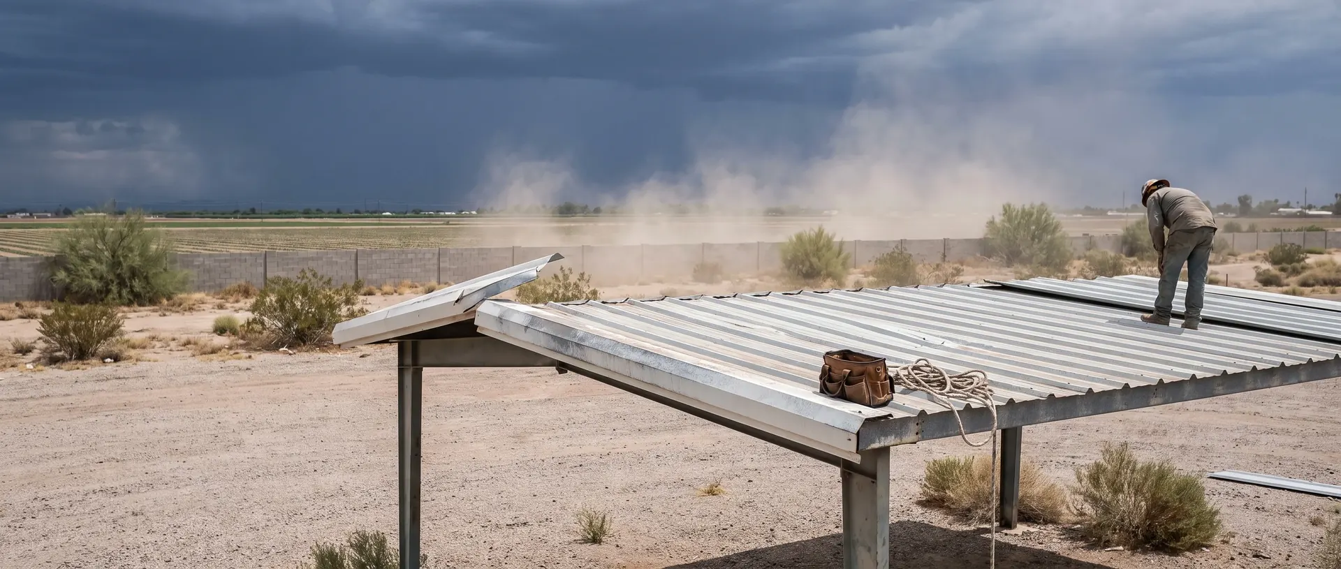 Metal ramada roof on an open Gilbert lot under a monsoon sky