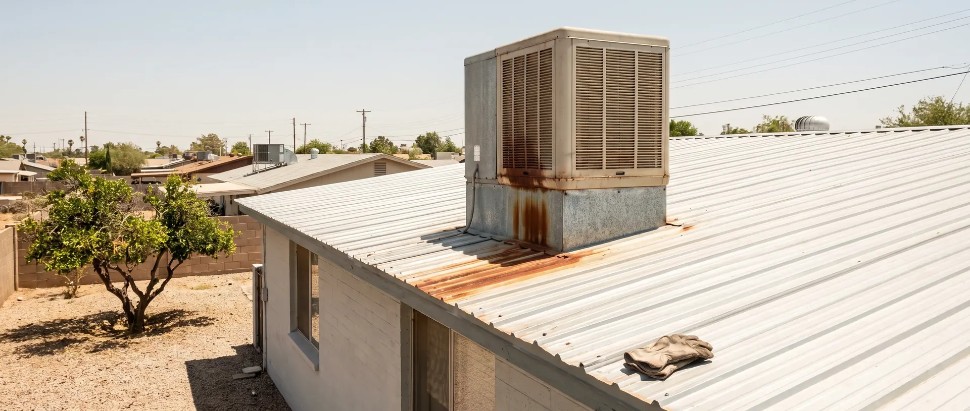 Evaporative cooler on a low slope metal roof in Glendale, Arizona