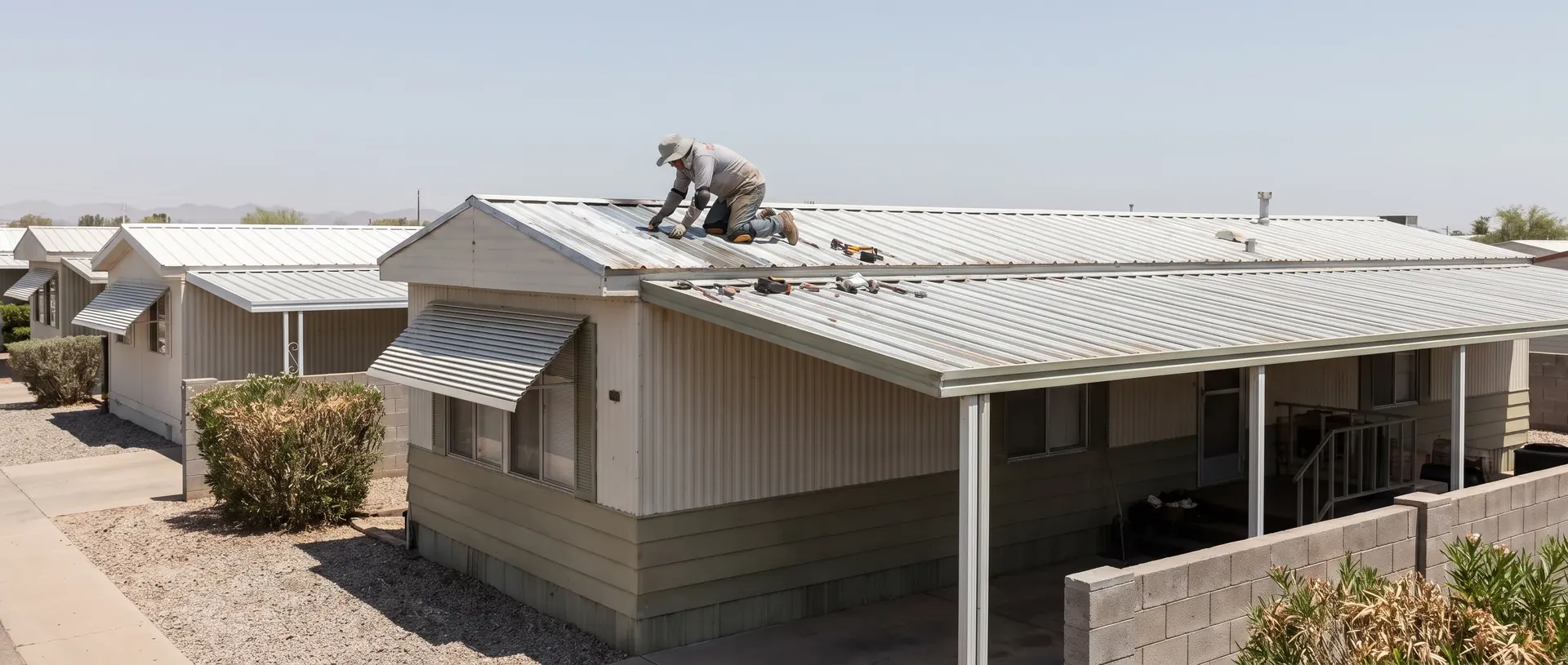 Low slope metal roofs on park model homes in east Mesa, Arizona