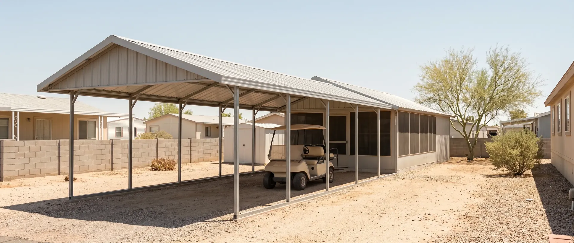 Metal carport and Arizona room roof in a Peoria active adult community