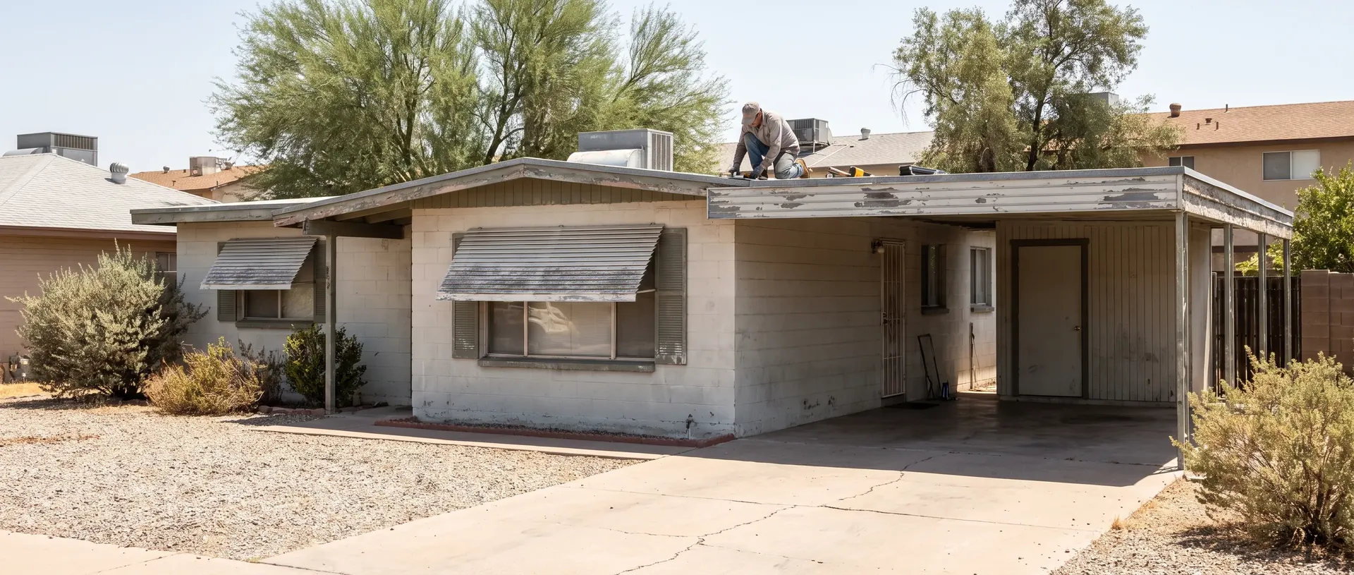 Metal awnings and carport on a mid century Tempe rental house