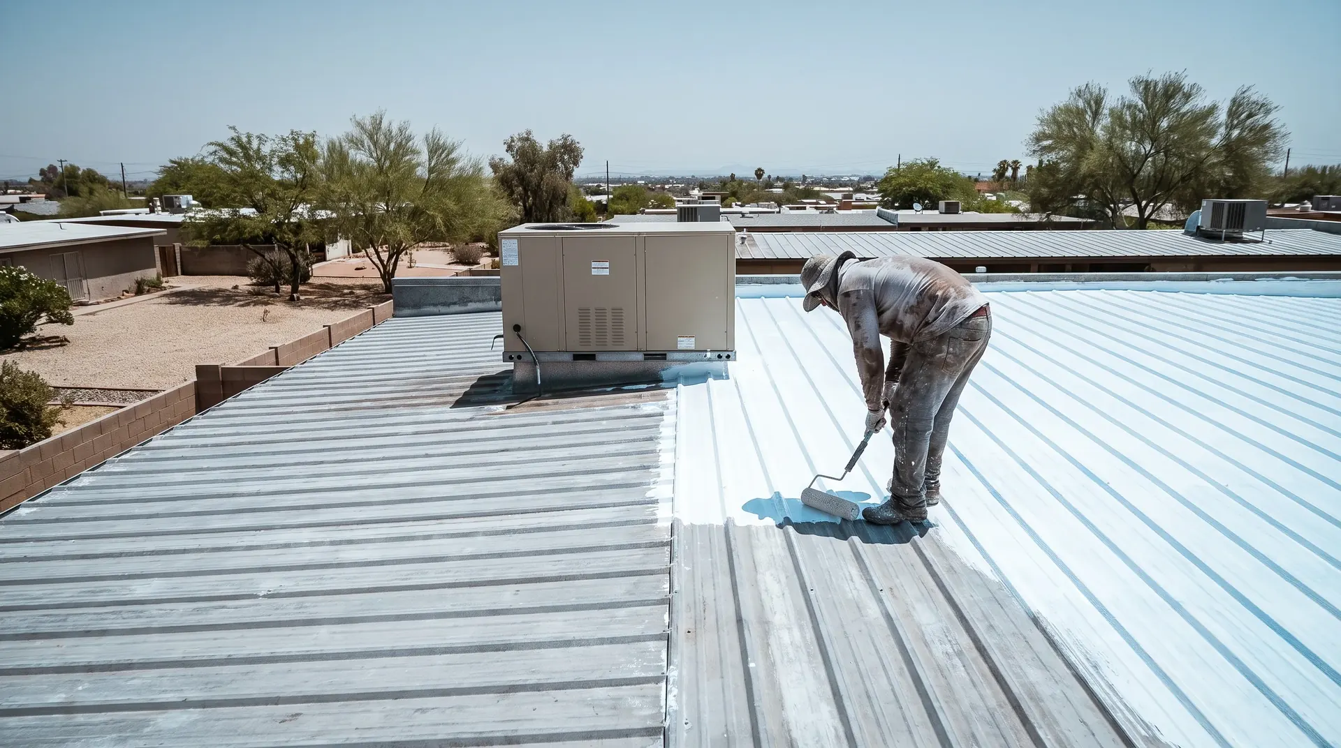 Half coated metal roof showing white coating against weathered grey panels