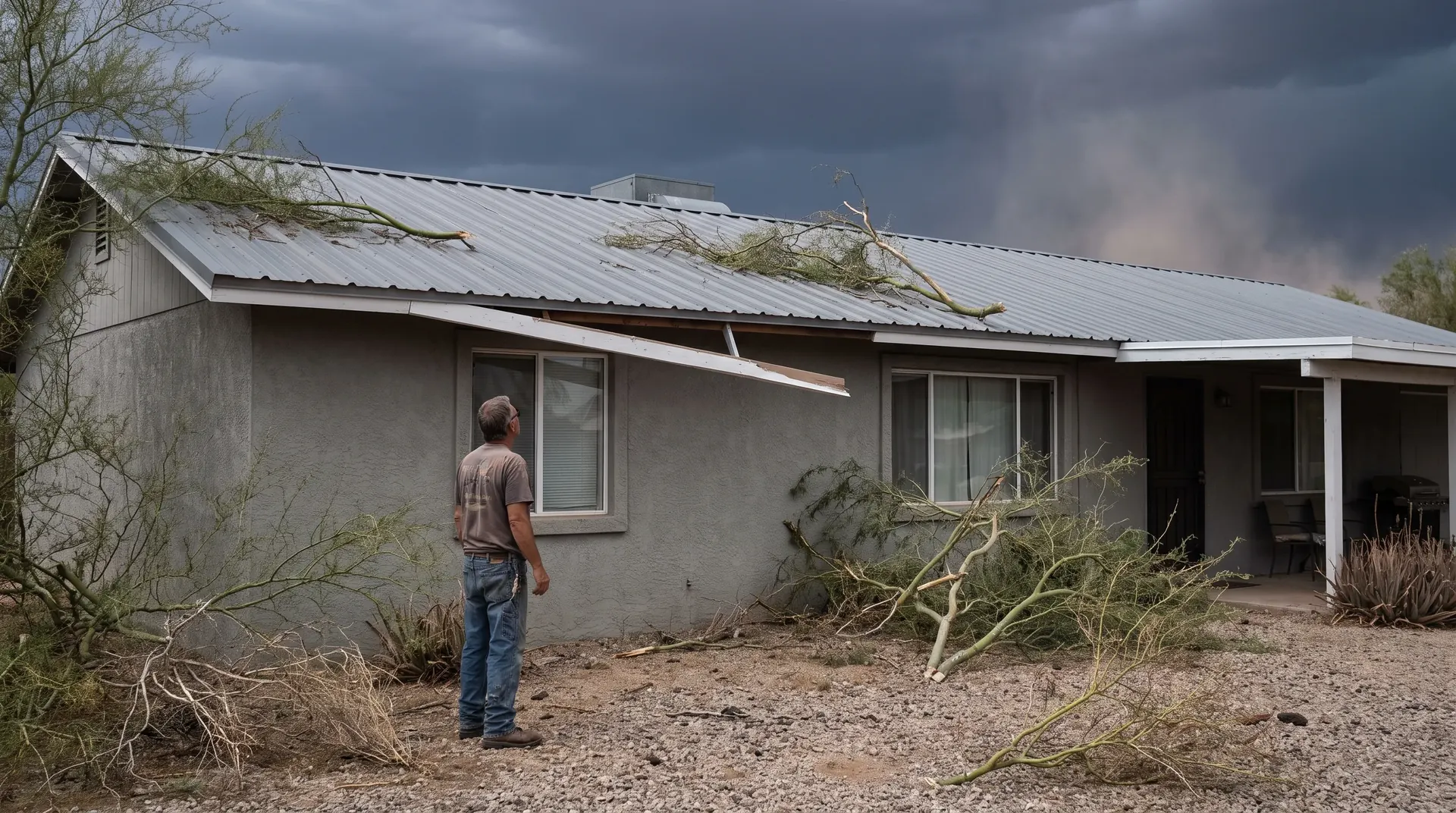 Metal roof and yard debris after a monsoon storm has passed