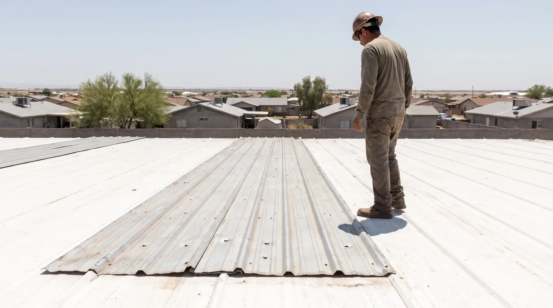 Roofer assessing the extent of damage on a Phoenix metal roof