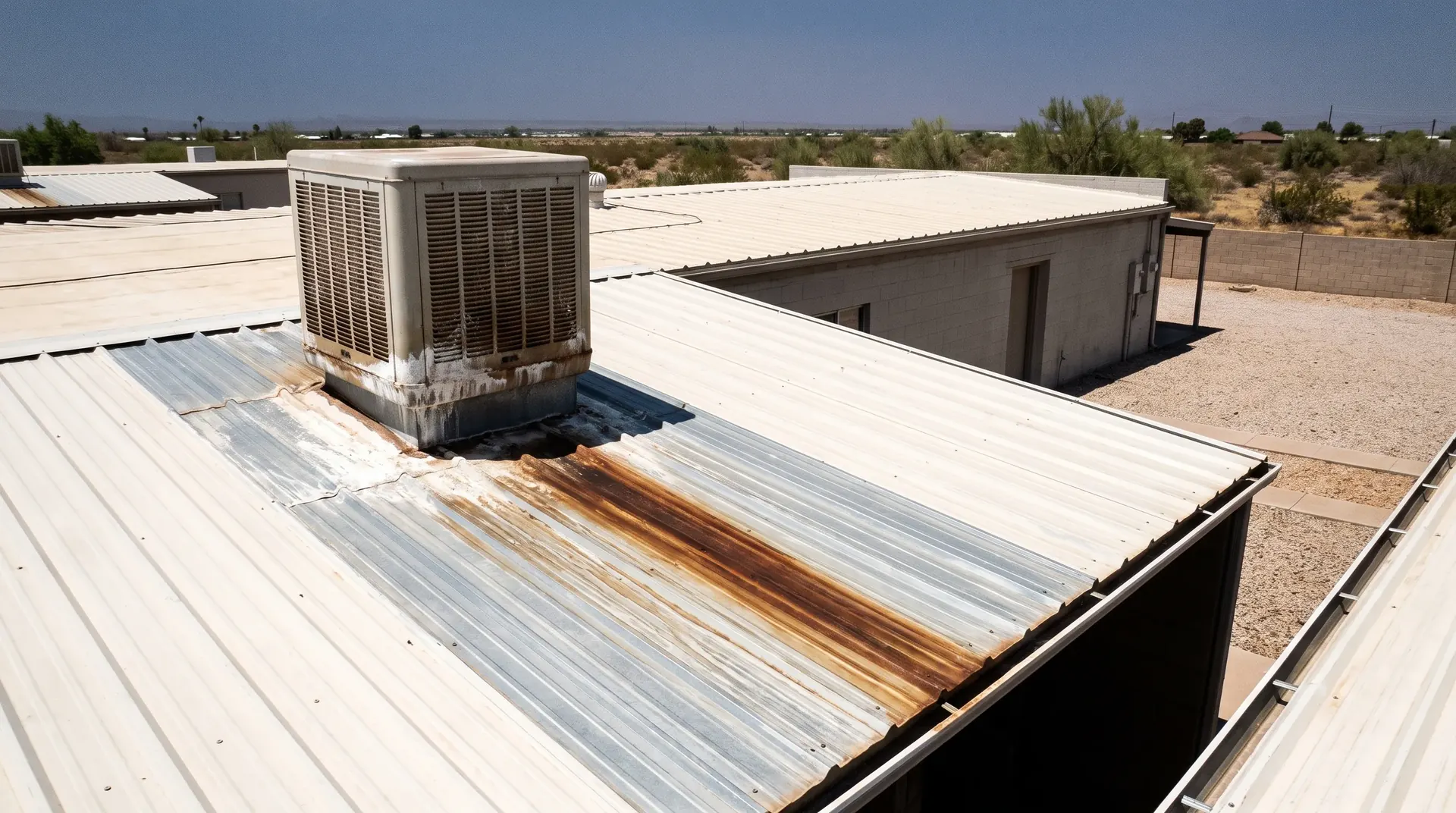 Rust trail running downhill from an evaporative cooler on a metal roof