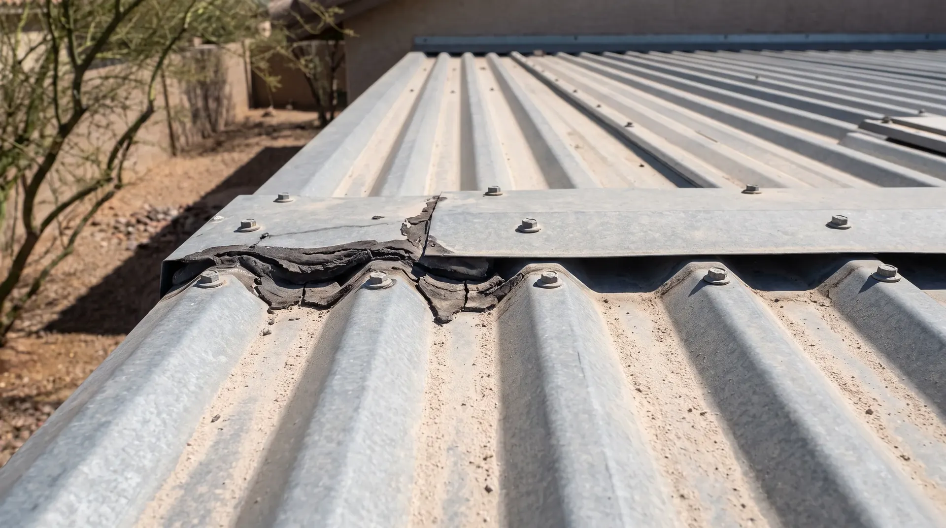 Panel end lap and fastener line where a metal roof begins to leak