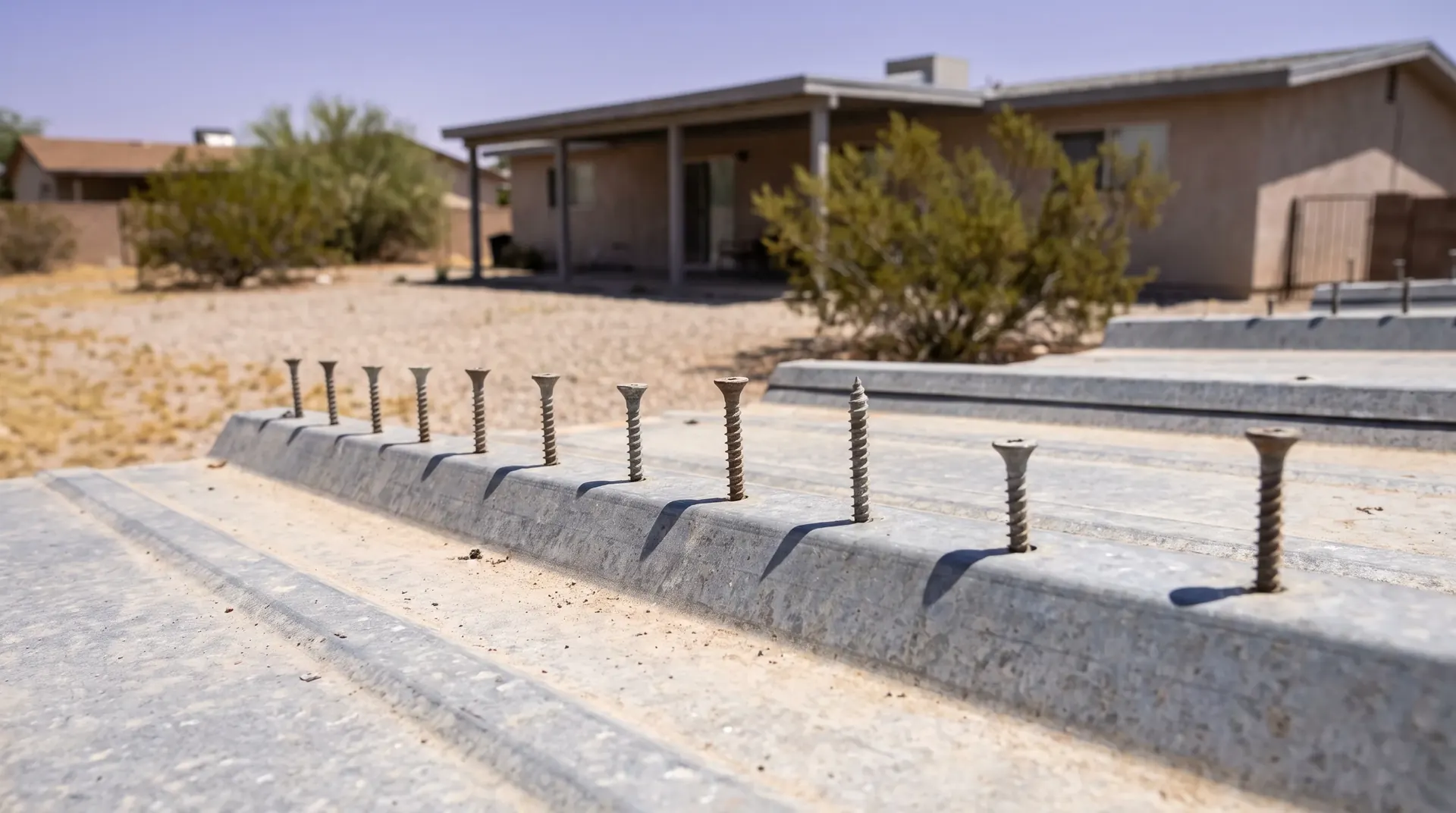 Row of backed out screws standing proud along a metal roof panel