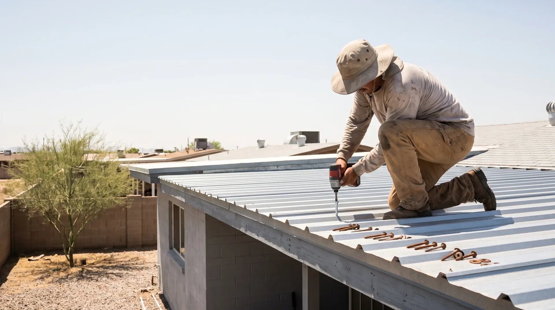 Roofer replacing a backed out fastener on a low slope metal patio roof in Phoenix, Arizona