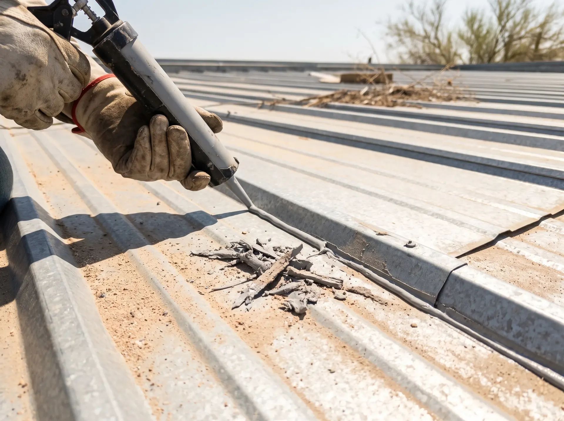 Gloved hands running a bead of sealant along an end lap seam on a corrugated metal roof