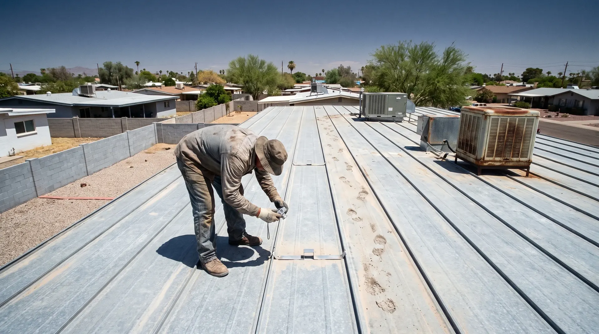 Roofer photographing a standing seam run during a documented metal roof inspection