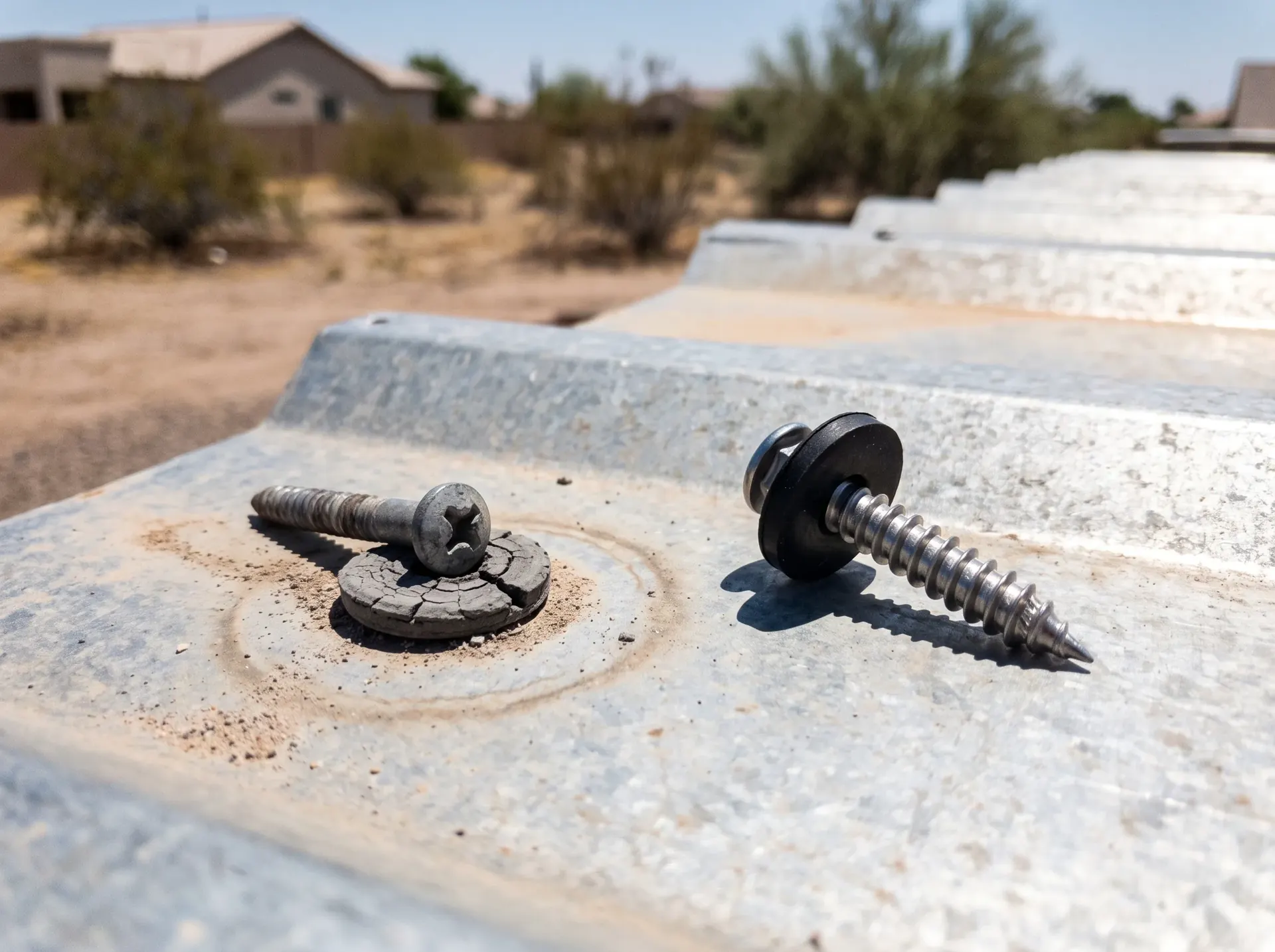 Old perished neoprene washer beside a new oversized roofing fastener