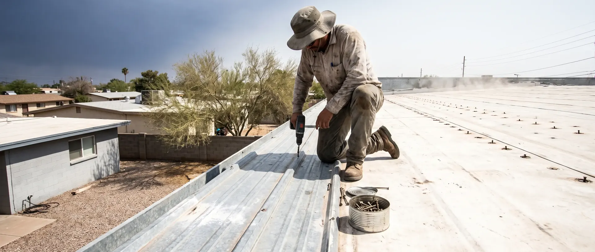 Roofer refastening a long run of metal roof panels in the Phoenix heat