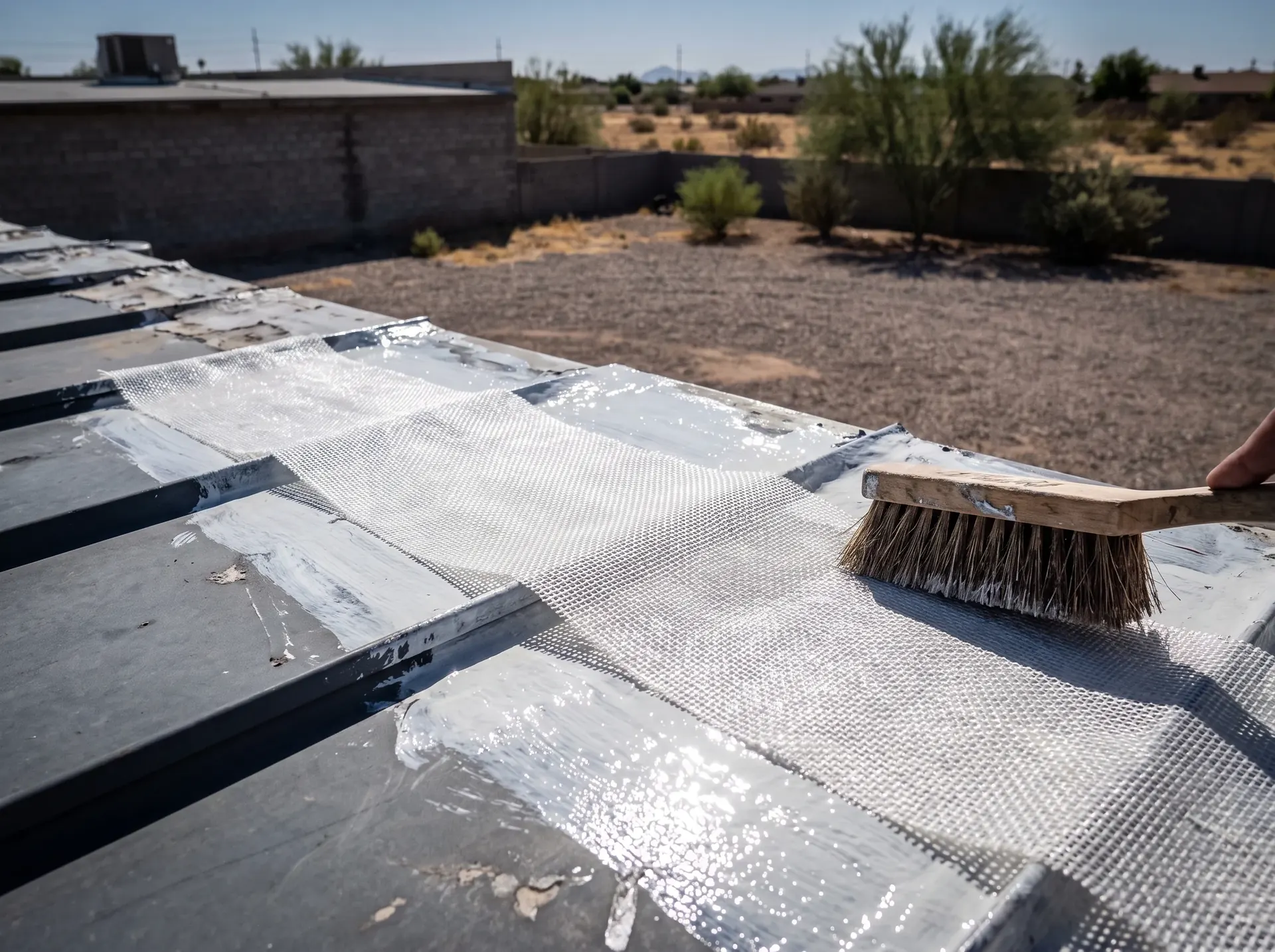 Reinforcing fabric bedded into coating over a metal roof seam