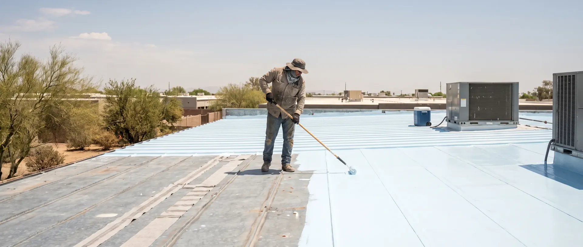 White silicone coating being rolled across a low slope Phoenix metal roof