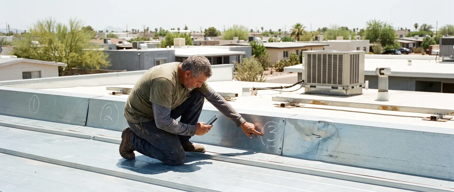 Roofer documenting every seam and penetration during a metal roof inspection