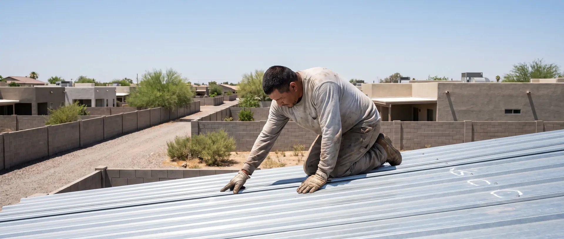 Roofer tracing a metal roof leak back from the ceiling stain to the panel seam