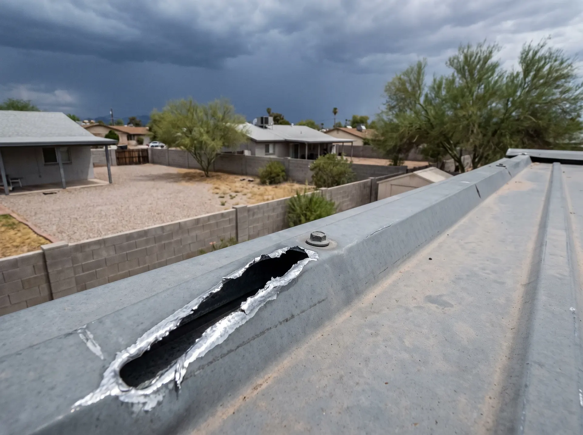 Fastener torn clean through a metal roof panel by monsoon wind uplift
