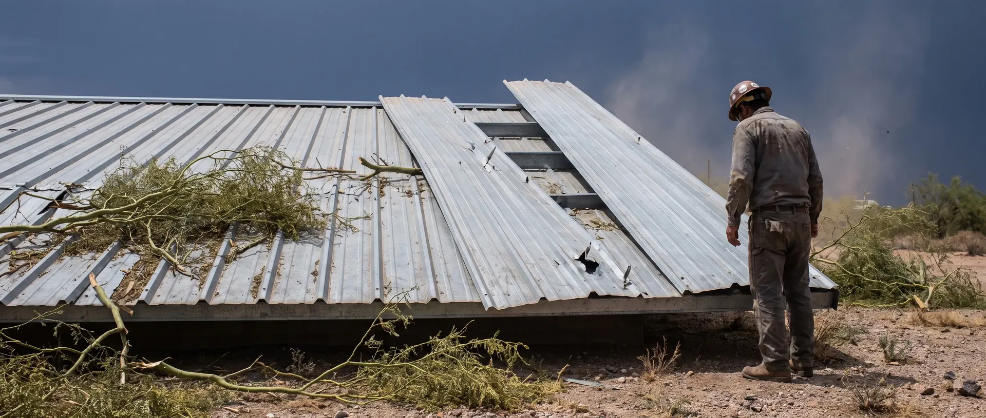 Lifted metal roof panels and scattered debris after a Phoenix monsoon microburst