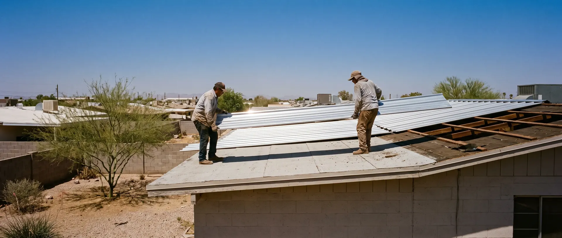 Replacement metal roof panel being carried into position on a Phoenix roof