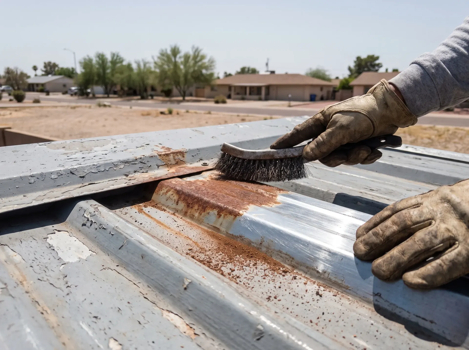 Wire brushing surface rust back to clean metal on a roof panel