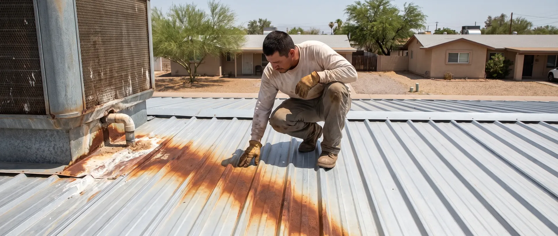 Rust damage on a metal roof panel below a Phoenix evaporative cooler