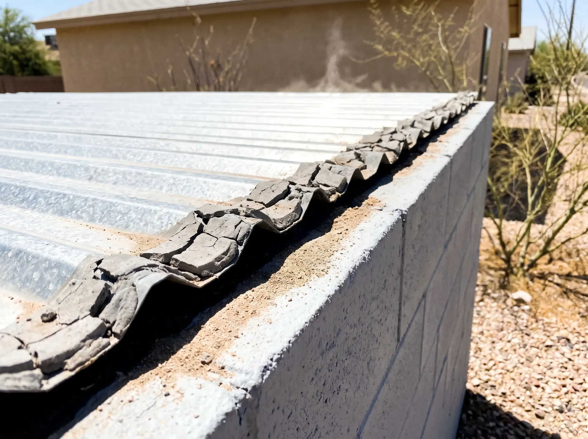 Cracked sealant lifting out of a metal roof headwall flashing joint