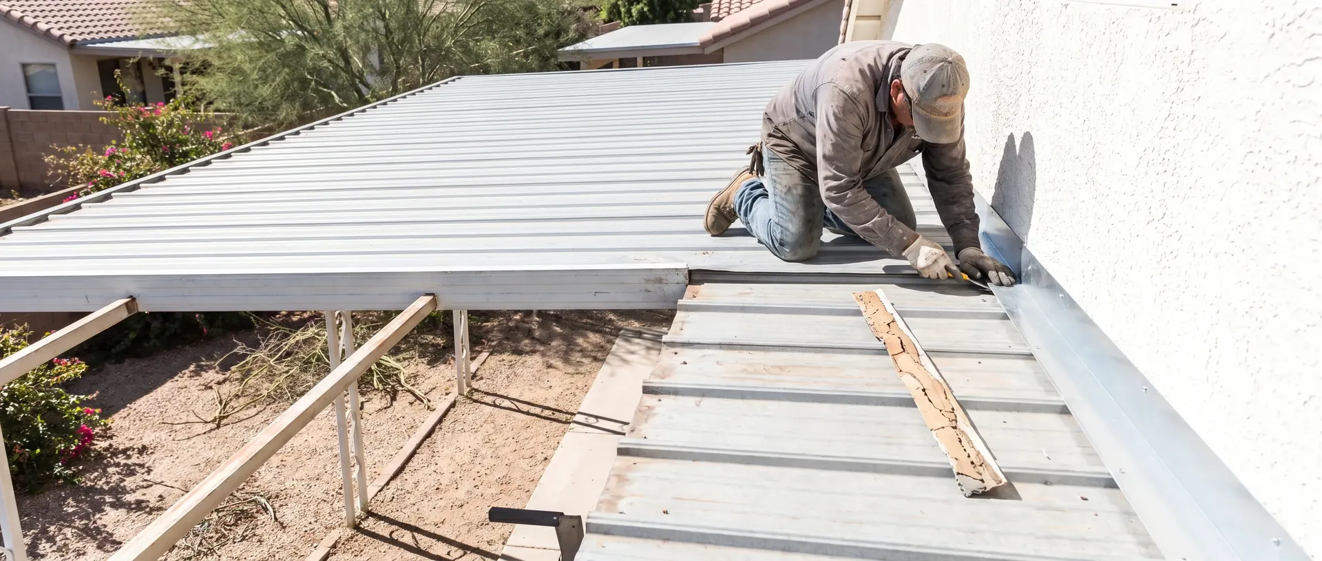 Roofer reworking the flashing where a patio cover meets the house wall