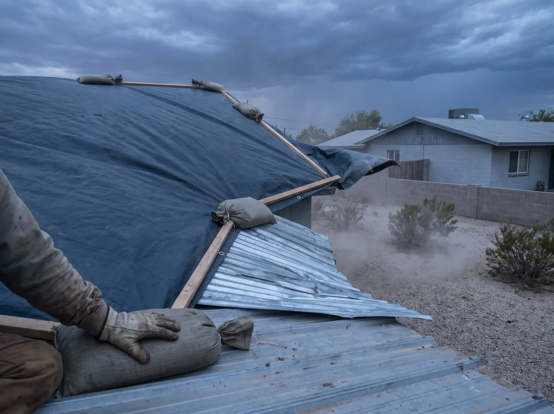 Weighted tarp secured over a damaged section of metal roof before a storm