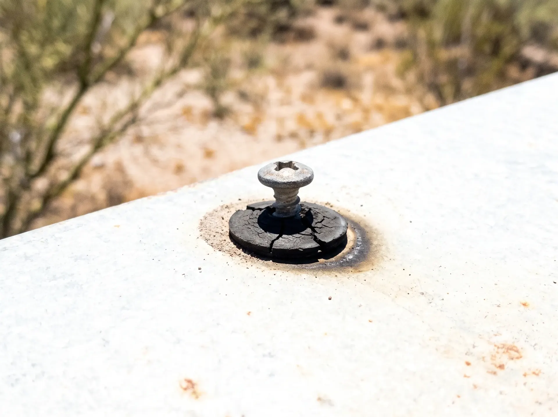 Backed out roofing screw standing proud of a metal panel with a perished washer