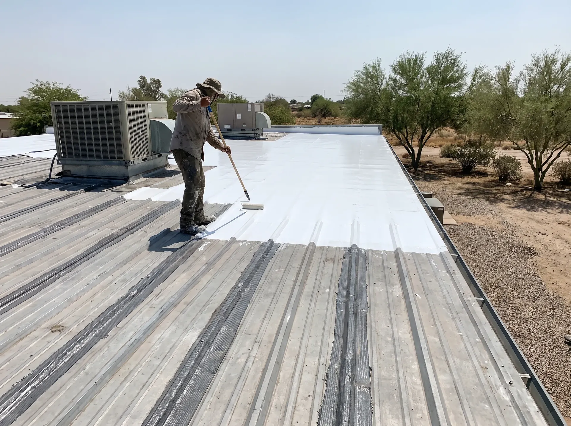 Roller applying white silicone coating across a weathered low slope metal roof