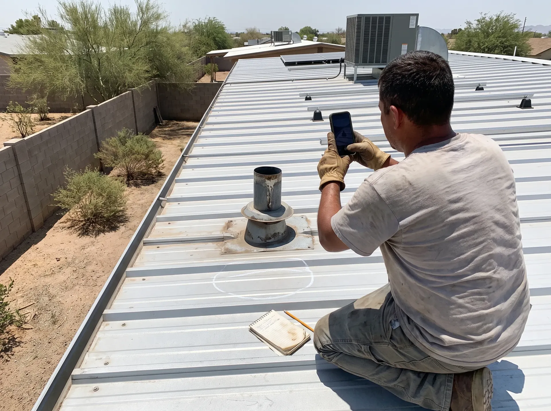 Roofer kneeling to photograph a roof penetration during an inspection