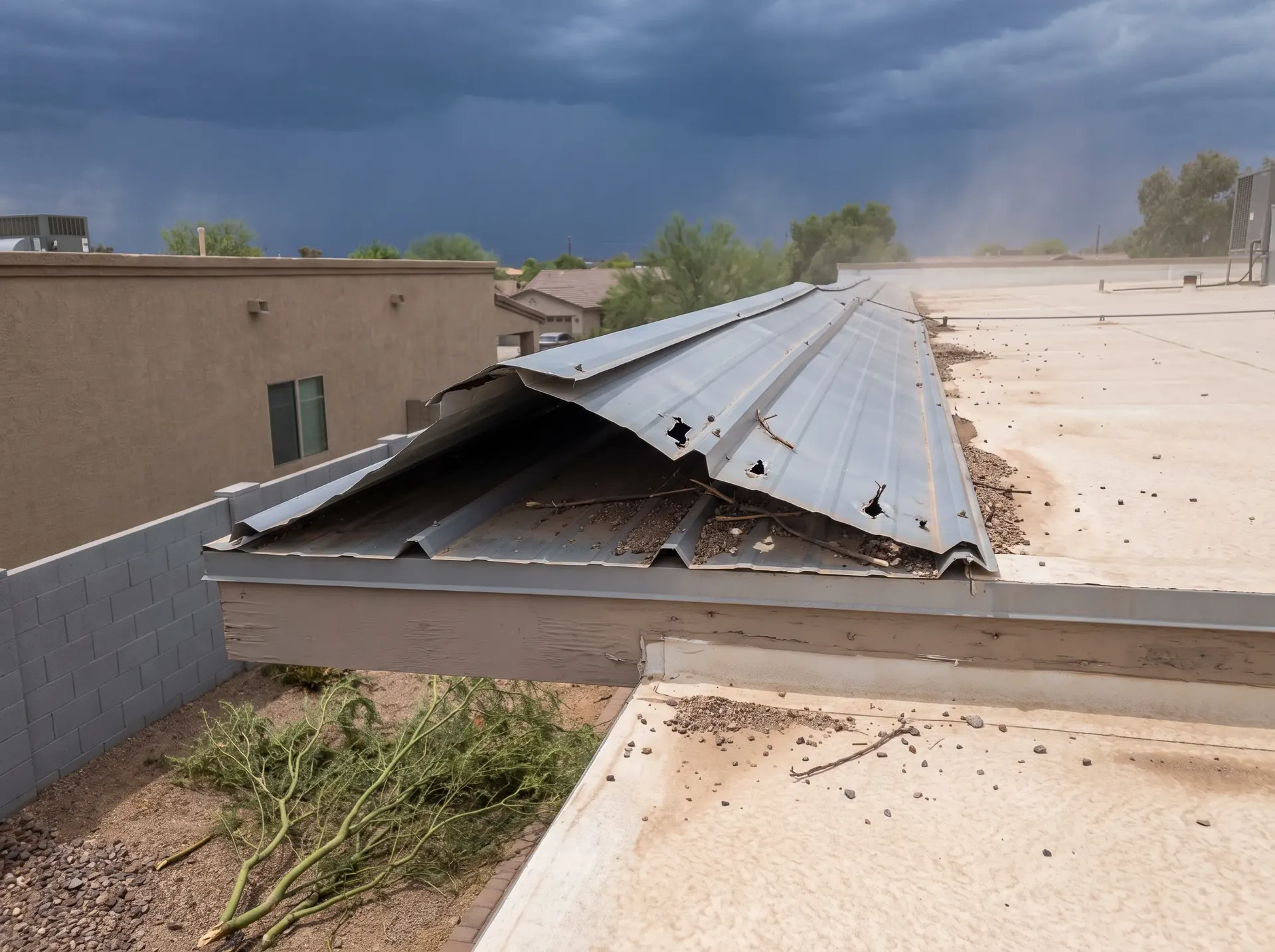 Ridge cap peeled back from a metal roof after a monsoon microburst
