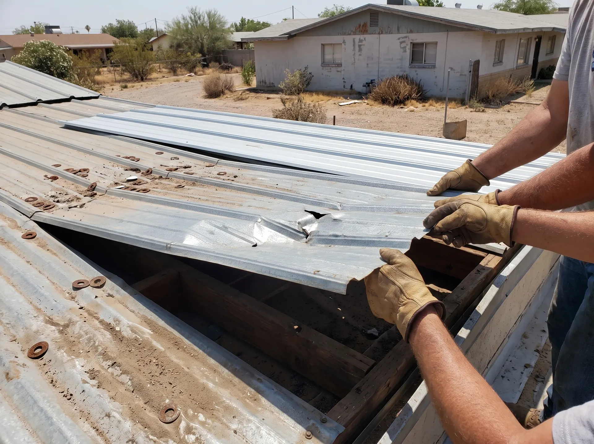 Damaged corrugated roof panel lifted clear of the purlins during replacement