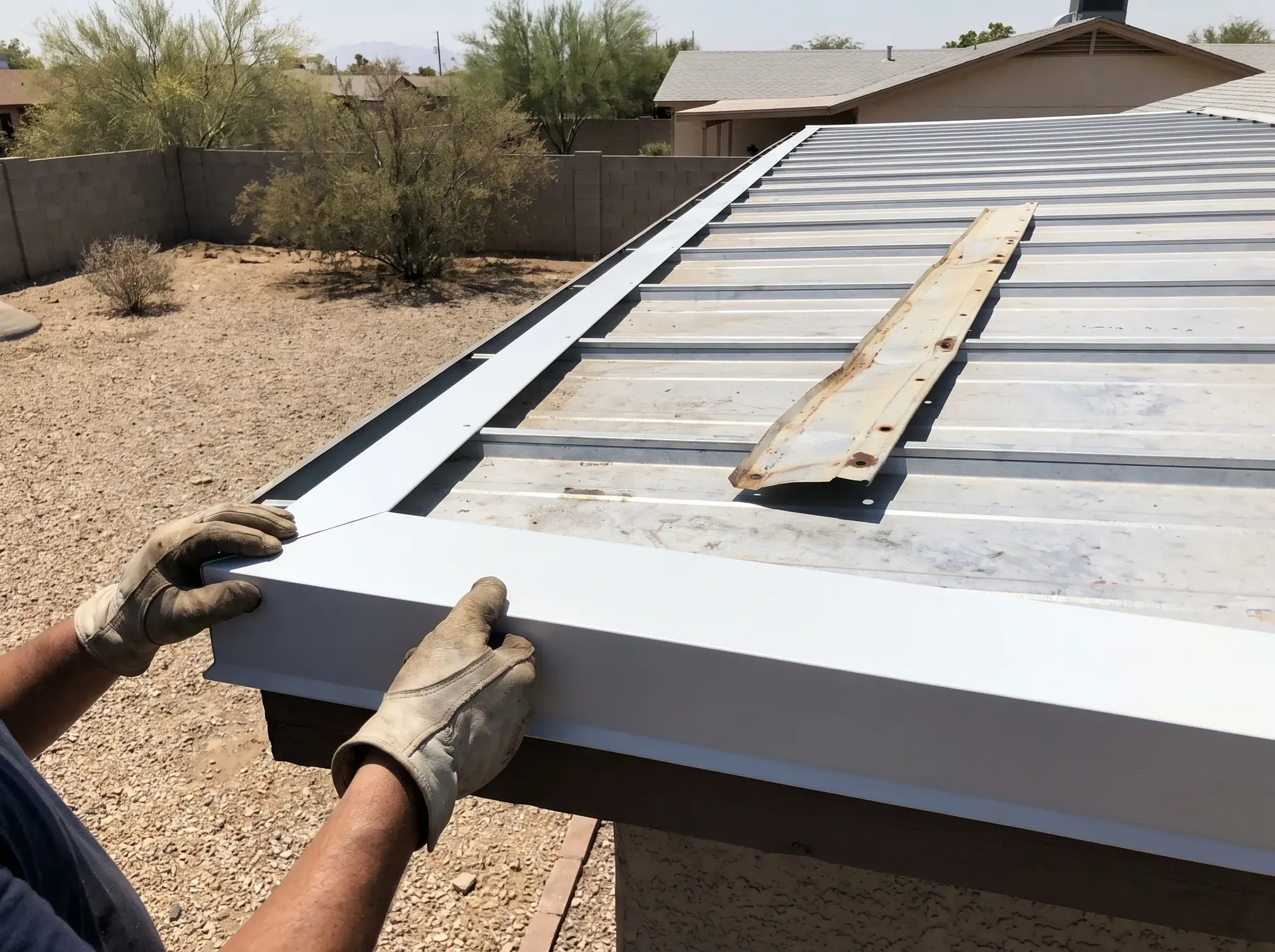 New gable trim being set along the rake edge of a metal roof
