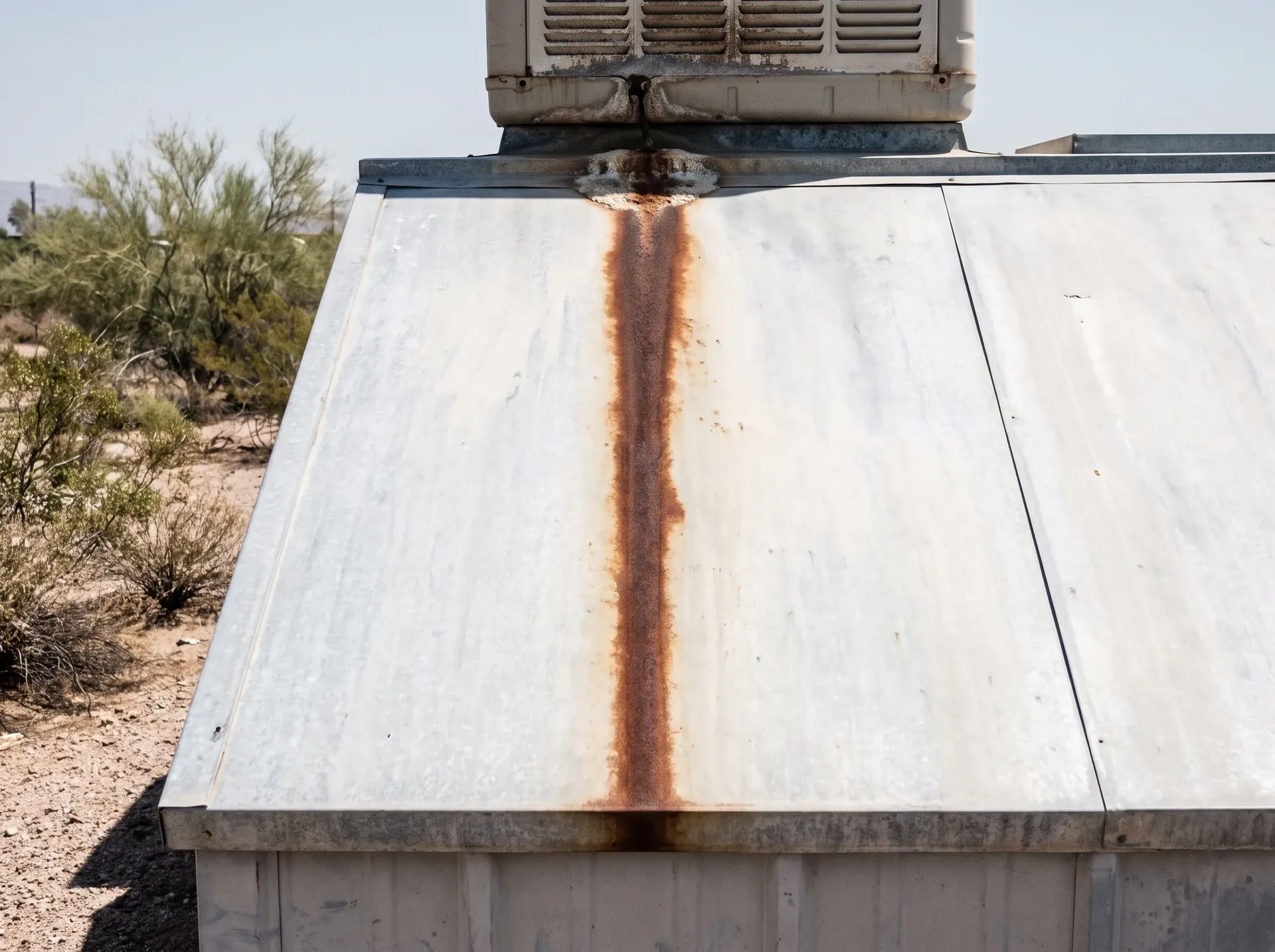 Rust streak running down a metal roof panel below an evaporative cooler
