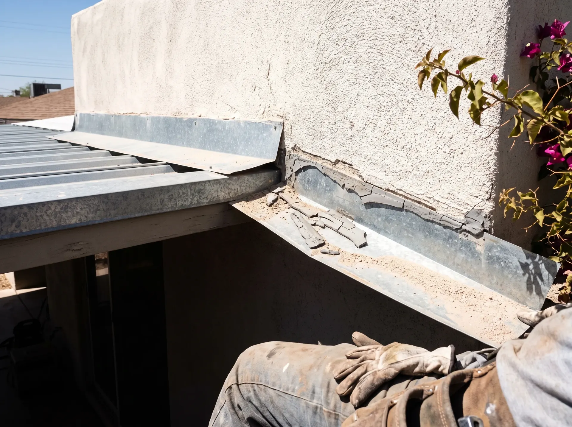 Failed sidewall flashing where a metal patio cover meets a stucco house wall